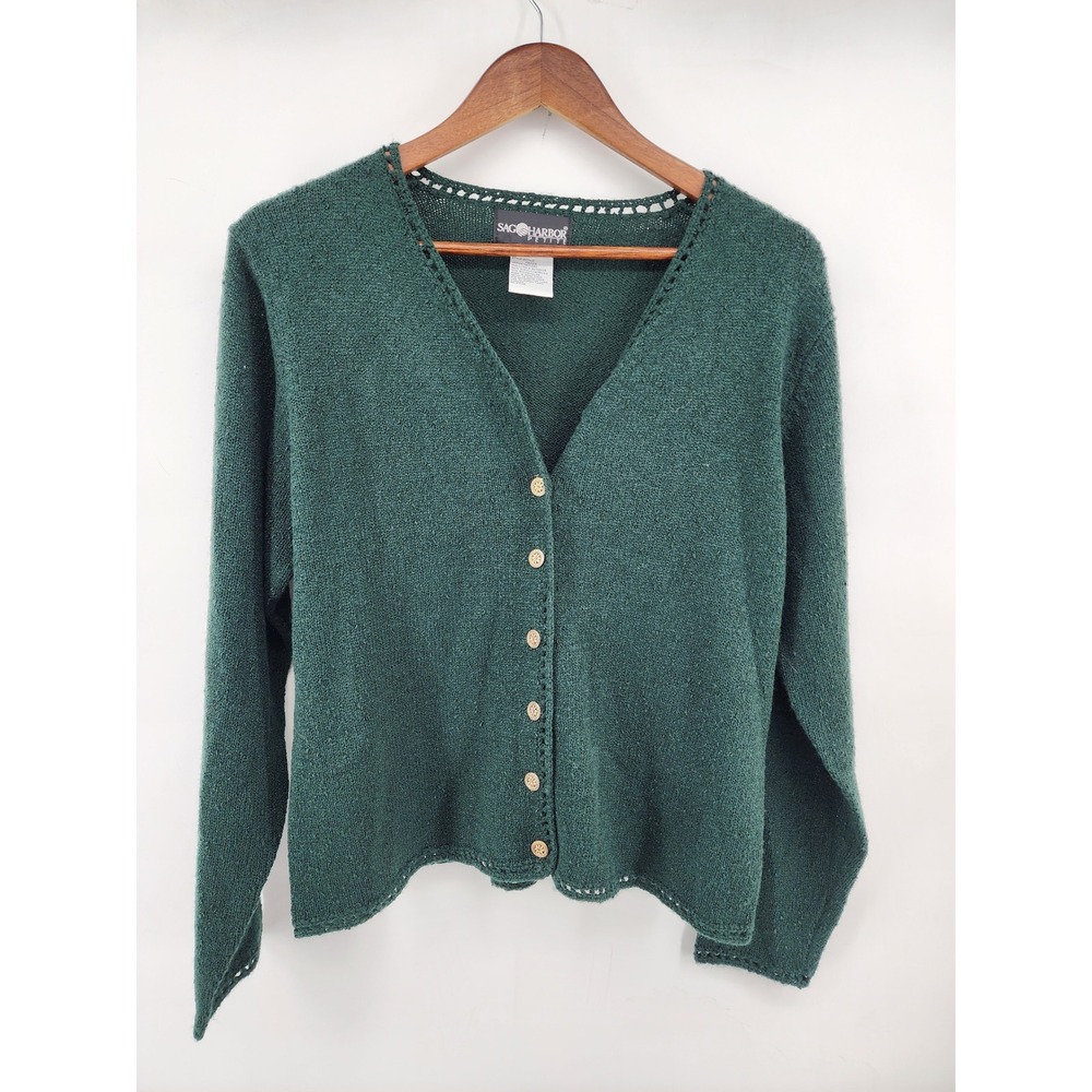 Sag Harbor Petite Forest Green Knit Button Up V-Neck Cardigan Size Medium